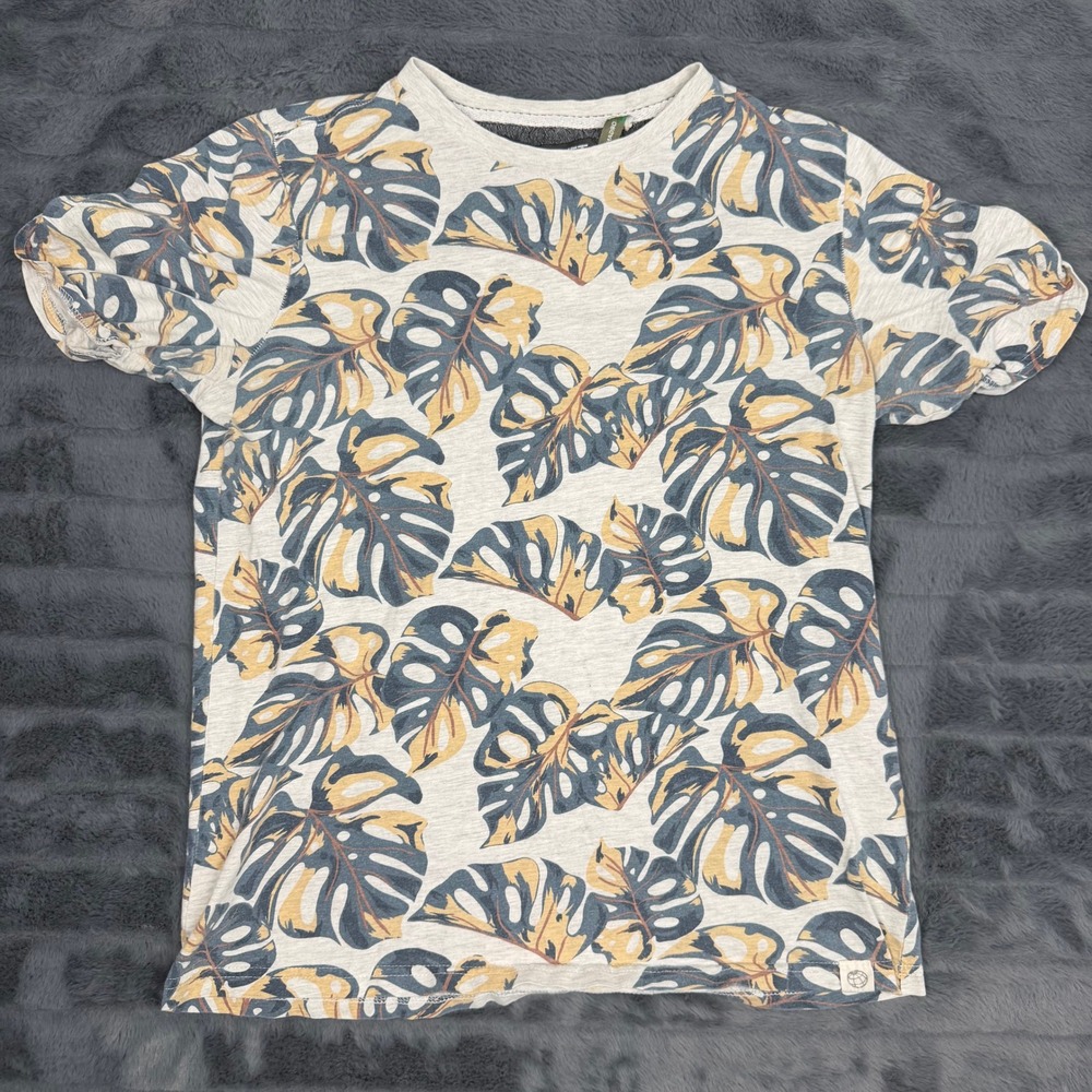 Free Planet Organic Cotton Monstera Leaf Tropical Print T-Shirt Small Gray Blue